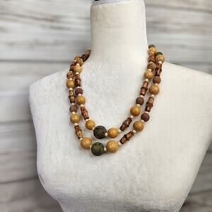Vintage Multi Strand Bohemian Wooden Beaded Necklace Retro